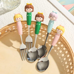 川岛屋卡通不锈钢勺子高颜值家用可爱儿童宝宝小叉子水果叉勺套装