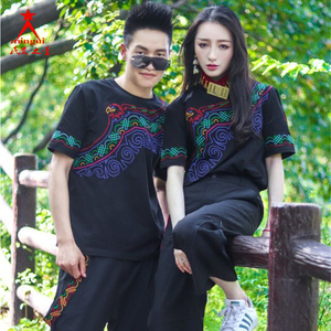 民贵之星男女情侣套装花彩红彩凉山彝族t恤民族风刺绣花纯棉体恤