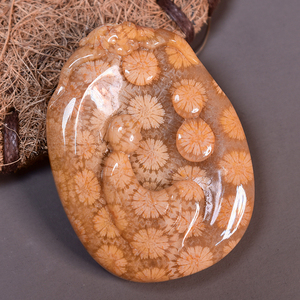 万古珊瑚冰种悟道打金花吊坠雕刻件菊花玉天然手饰品男女款礼物