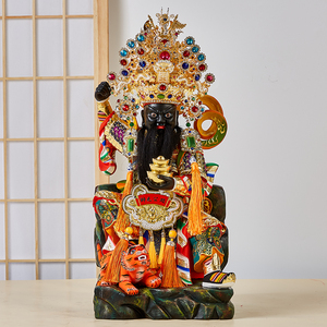 武财神赵公明佛像家用木雕彩绘赵公元帅神像帽子饰品樟木雕刻摆件