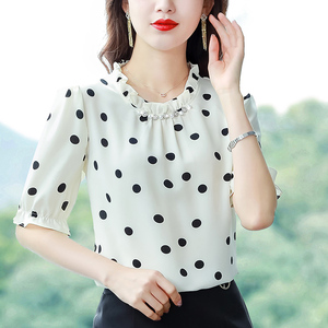 气质小衫短袖桑蚕丝波点上衣女夏季新款时髦别致法式宽松雪纺衬衫