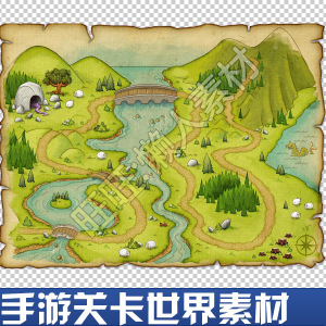 手游游戏世界地图关卡素材 手绘欧美q版 卡通森林 桥梁 资源 923