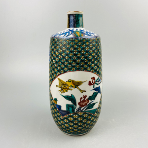 日本回流九谷烧美山作手绘花鸟图壶型花瓶日式陶瓷水培花器摆件