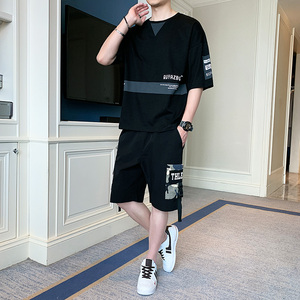 夏季男生套装韩版潮流痞帅男装微胖穿搭一套搭配帅气全身潮男衣服