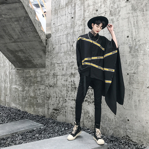 走秀款设计师款不对称设计长衫男拼色织带潮流蝙蝠衣舞台男装斗篷