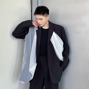 欧美走秀秋季新款披肩网纱拼接飘逸帅气假两件休闲小西装男潮西服