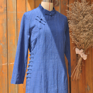 【莞莞类卿原创设计】手织老土布中长款复古盘扣改良旗袍