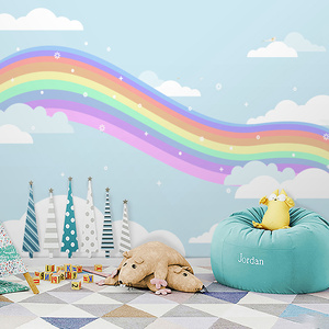 现代北欧简约女孩卧室背景墙布卡通儿童房墙纸幼儿园彩虹装饰壁纸