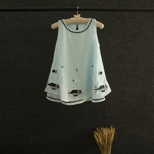 18夏季新款欧根纱刺绣蓬蓬下摆显瘦无袖上衣蝴蝶结宽松a字娃娃衫