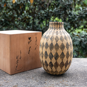 日本手作|枯茶棕几何织布纹清水烧京烧复古陶瓷花瓶孤品 栖朔