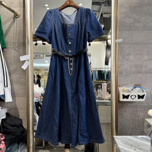 丁螺gn欧洲站2022夏季新款精品女装收腰显瘦方领薄牛仔连衣裙7975