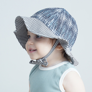 韩国进口婴儿帽子夏季薄款网眼帽男女宝宝大帽檐遮阳帽格子渔夫帽
