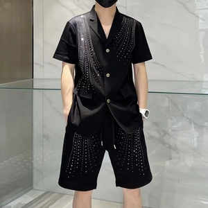 2024夏季新款韩版时尚潮牌设计烫钻短袖套装男夜场西装短裤两件套