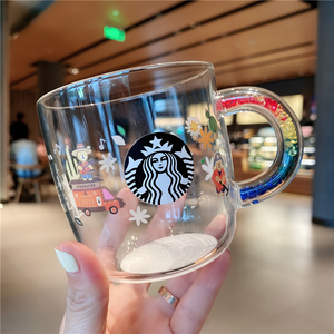 星巴克杯子透明载歌载舞冷变小熊款可爱女生带钻把手玻璃杯咖啡杯