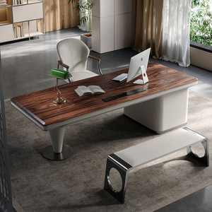 黑胡桃木面书桌意式轻奢高端书房写字台现代电脑办公桌实木老板桌