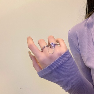 末未/小紫* 精致闪闪几何方形锆石紫色链条连体双开口戒指指环女