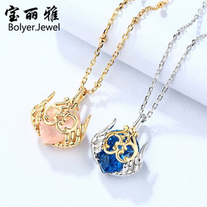 纯银黄金粉晶项链女款王者荣耀尖晶石吊坠彩银锁骨链简约颈带饰品