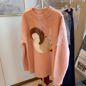卡通立体刺绣小松鼠粉色毛衣女2021新款韩系温柔风甜美针织衫上衣