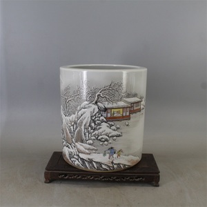 民国珠山八友何许人粉彩雪景笔筒 古董古玩 全手工手绘高仿古瓷器