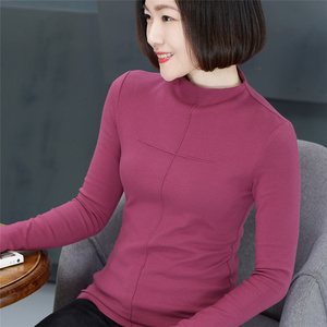 中年妈妈四十至五十岁女打底衫纯棉半高领百搭大码长袖t恤秋冬装