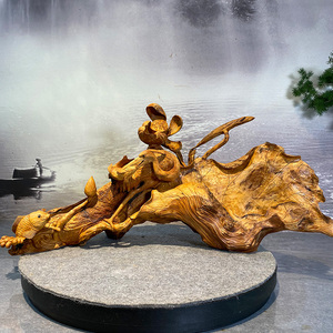 慢匠人太行崖柏根雕摆件山水花鸟雕刻一鹭莲升荷花(已结缘)