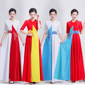 中国风大合唱团演出服长裙新款变装下裙红歌合唱服朗诵比赛礼服女