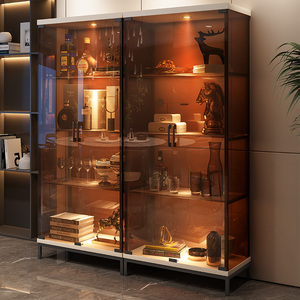 玻璃酒柜现代简约不锈钢靠墙轻奢双门餐边柜储物柜客厅钢化玻璃柜