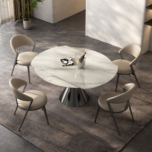 现代简约岩板餐桌德利丰旋转圆桌可伸缩饭桌家用方圆两用吃饭桌子