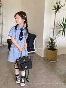 女童夏季学院风连衣裙2023polo领韩蓝条纹衬衫裙海军领水手服儿童