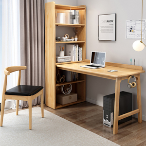 实木书桌书架组合现代简约转角写字台家用卧室带书柜一体电脑桌椅