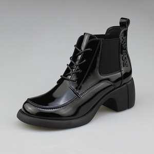 轩美诗2021秋冬新款真皮圆头粗跟高跟系带英伦时装靴短靴女靴5137