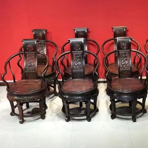 老挝大红酸枝卷书转转椅红木休闲椅交趾黄檀清式透雕麒麟圆款椅子