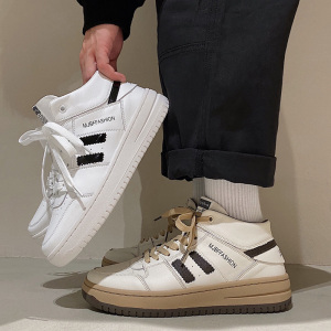 2021秋季日系复古两条杠男休闲板鞋系带高帮鞋潮厚底增高小白鞋