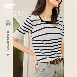 条纹短袖t恤女2022年夏季新款针织衫复古方领内搭上衣对白旗舰店22