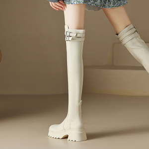 真皮高筒靴厚底显瘦小个子长筒靴过膝靴女秋冬加绒白色方糖长靴子