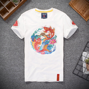 夏季中国风男装刺绣短袖t恤男潮绣花鲤鱼跃龙门半截袖体恤衫宽松