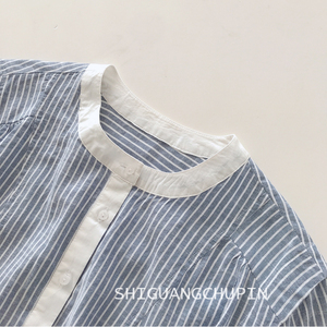 日式气质条纹系上衣小衫 拼色领子宽松通勤棉布短袖衬衫女夏季