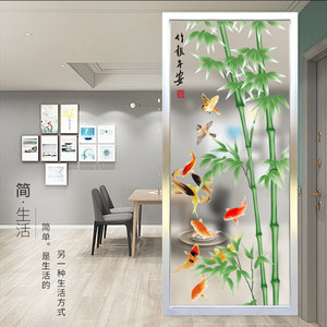 新中式艺术玻璃入门屏风隔断钢化 3d彩绘 工艺玻璃玄关 竹子鱼