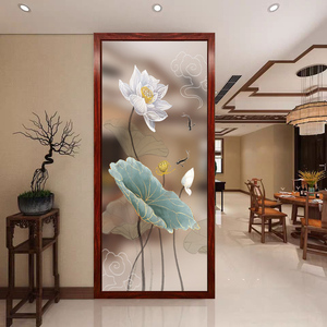 新中式艺术玻璃定制客厅入户玄关磨砂双面屏风隔断钢化鞋柜荷花鱼