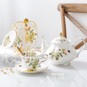 白玫瑰欧式骨瓷咖啡杯套装陶瓷咖啡具小套装英式下午茶花茶具送架