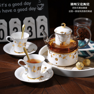 黄金藤蔓高档骨瓷咖啡杯下午茶杯套装耐热玻璃花茶壶蜡烛加热茶具