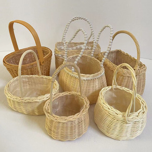 花艺活动藤编迷你花边圆形小篮子手提鲜花篮防水篮多肉蓝摆件