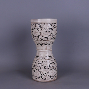 宋代磁州窑黑底刻花鸟图腰鼓仿古瓷器古玩董老物摆件民间出土收藏