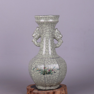 宋官窑铁胎粉彩水草图双耳花瓶仿古瓷器古董做旧古玩收藏老物摆件