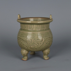 宋代耀州窑刻花青釉香炉仿古瓷器玩董中式书房摆件出土老物收藏品