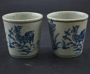 仿古瓷器明代 青花金鸡报喜图 茶杯 古玩 旧货 老货 陶瓷收藏