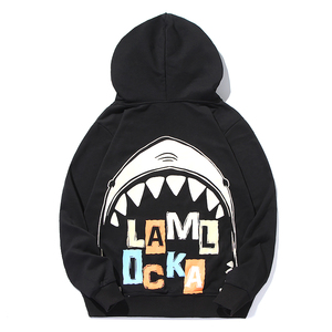 卫衣男春秋款潮牌鲨鱼牙齿字母刺绣印花卡通动漫长袖套头宽松带帽