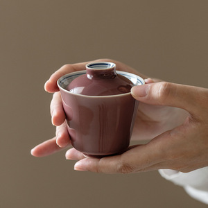 夏禾茶具豇豆红茶红色小号盖碗泡茶器薄胎手绘双线青花泡茶碗茶杯
