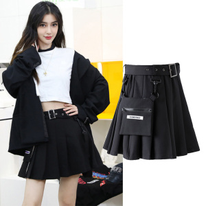 黑色格子百褶裙半身裙