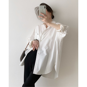 盐系衬衣女2024夏季韩版宽松简约设计感小众显瘦长袖白色刺绣衬衫
